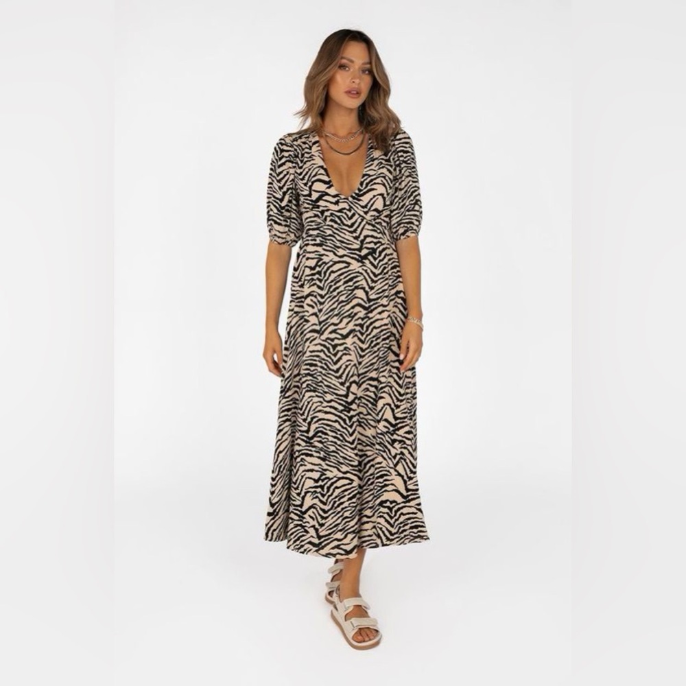 DISSH TORI BEIGE ZEBRA TIE BACK DRESS